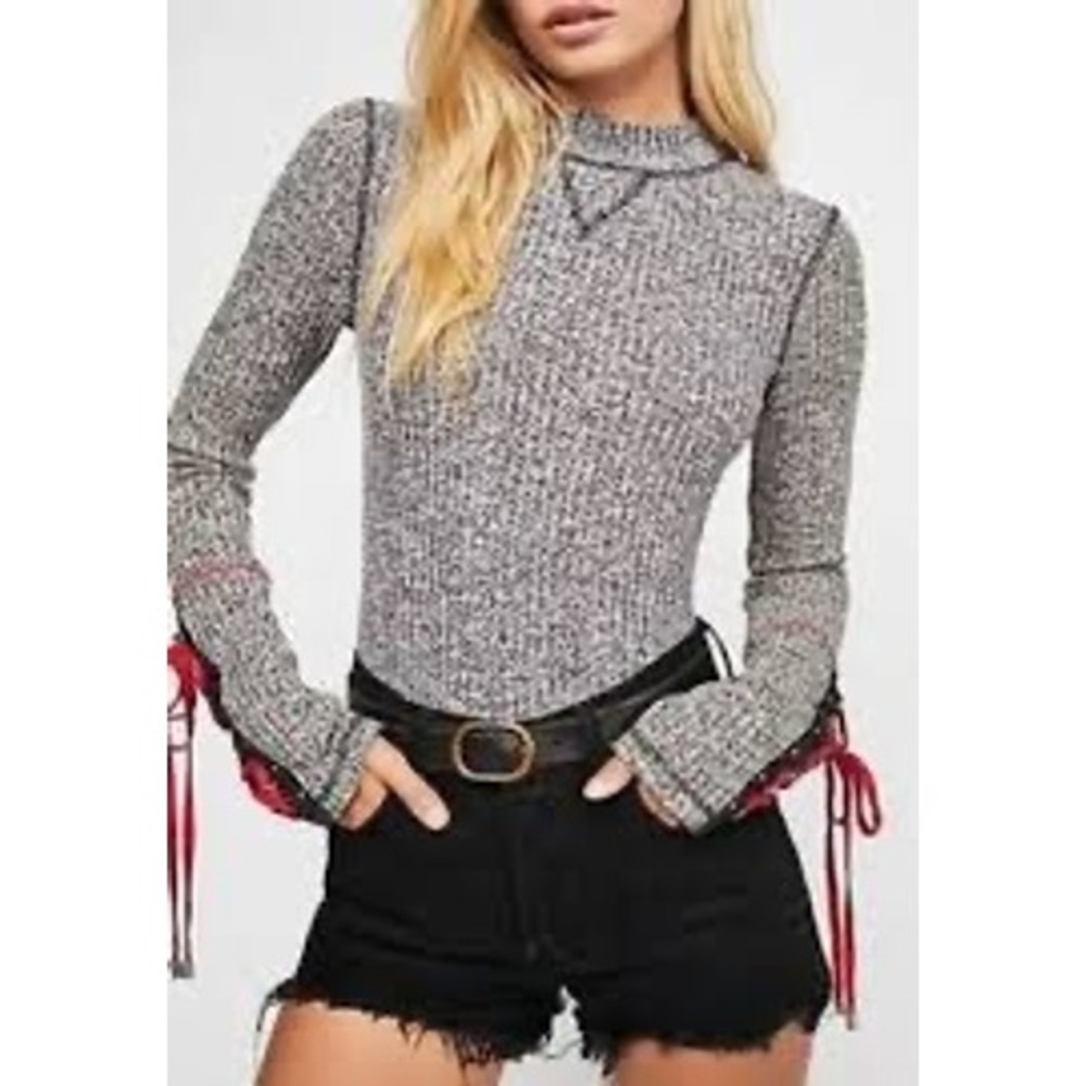 Free People Mountaineer Cuff Thermal Top Gray Red Lace Up Grommet Cuffs Medium